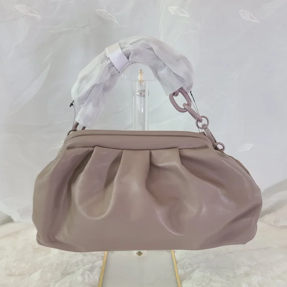 Badgley Mischka Vegan Leather Taupe Pleated Logo Shoulder Bag – NWT - Picture 5 of 10